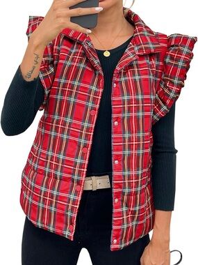Women's Red Plaid Ruffle-Shoulder Puffer Vest